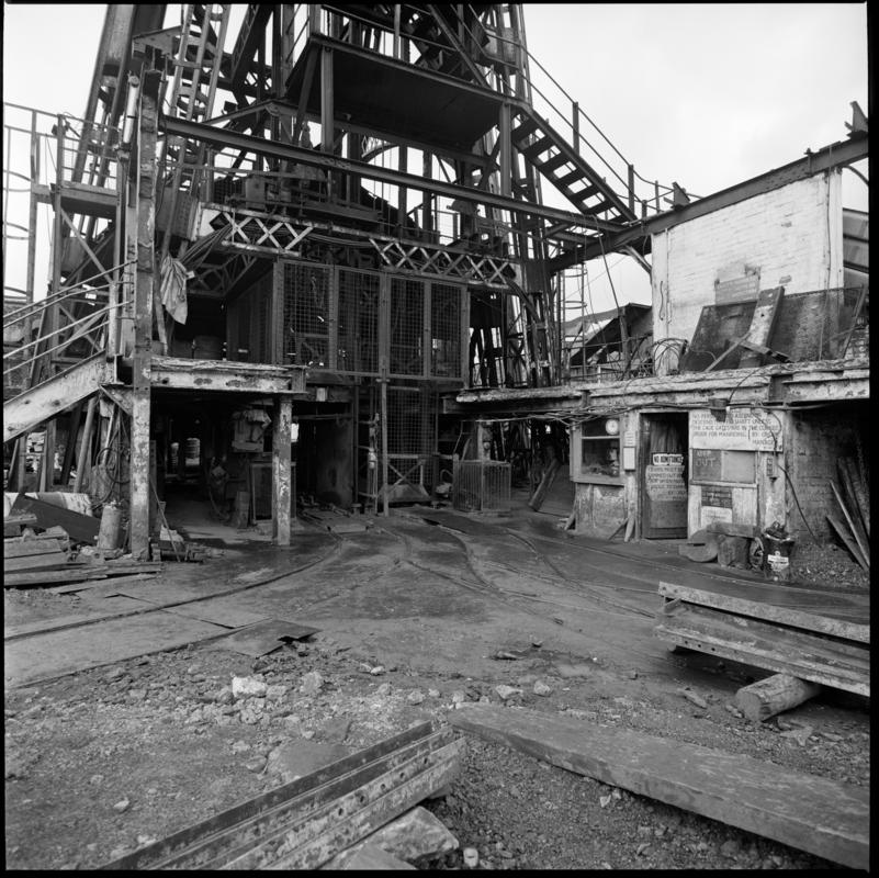 Black and white film negative showing pit top, Deep Duffryn Colliery 1980.  'Deep Duffryn and Deep Navigation 1980' is transcribed from original negative bag.