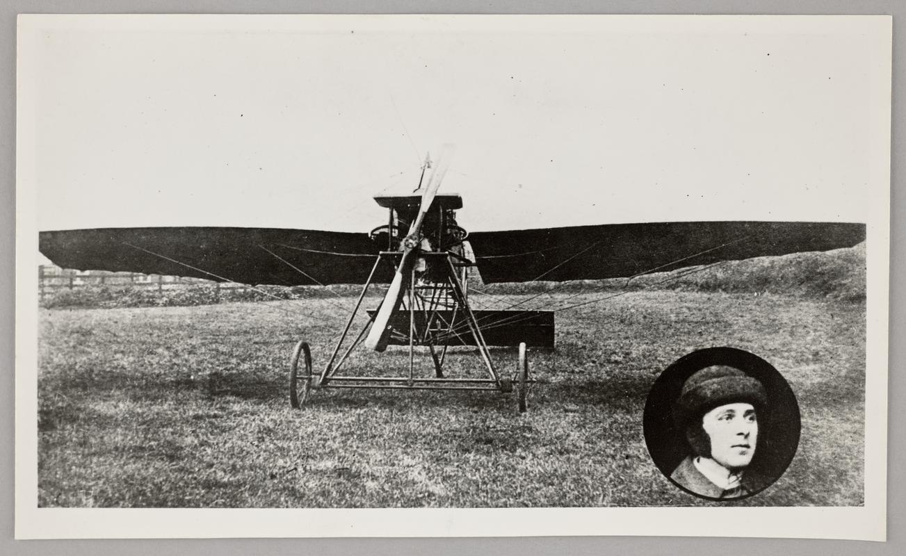View of aeroplane with photograph of C.H. Watkins wearing fur helmet in roundal at bottom right.