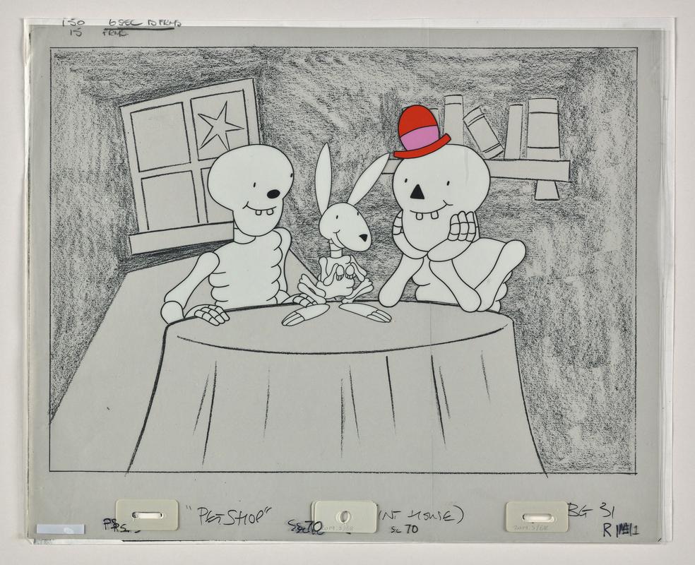 Funny Bones animation production artwork from episode 'Pet Shop' showing the characters Little, Big and a rabbit. Paper background overlaid with three sheets of cellulose acetate.