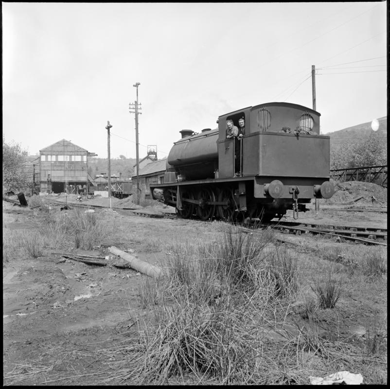 Black and white film negative showing a locomotive at Deep Duffryn Colliery 19 May 1977.  'Deep Duffryn  19 May 1977' is transcribed from original negative bag.