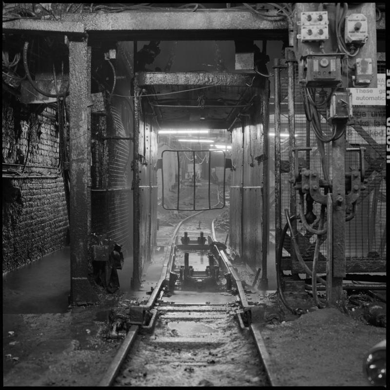 Black and white film negative showing pit bottom, Marine Colliery.  Appears to be identical to 2009.3/2739.