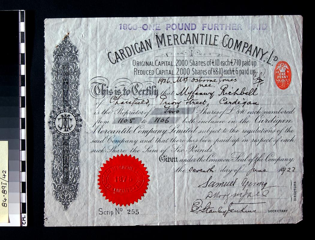 Cardigan Mercantile Company Ltd., share cert.