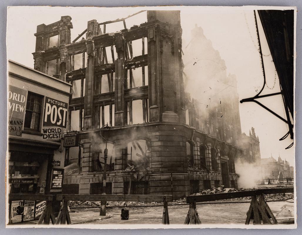 Charred remains of Merthyr House, James Street, Cardiff, after the fire of 17 March 1946.