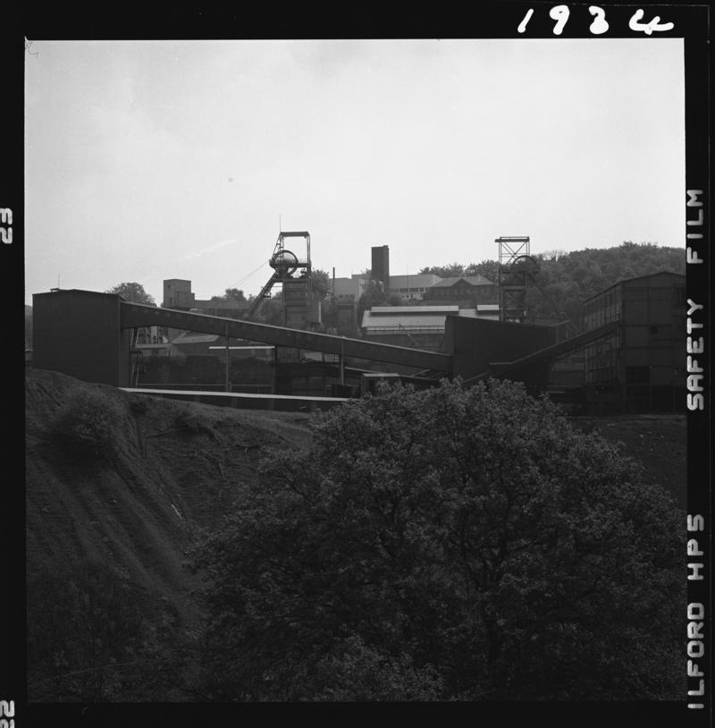 Black and white film negative showing a surface view of Oakdale Colliery, May 1980.  'Oakdale May 1980' is transcribed from original negative bag.