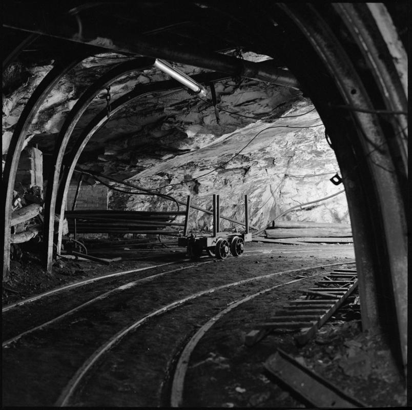 Black and white film negative showing an underground roadway, Morlais Colliery.  Appears to be identical to 2009.3/2757.