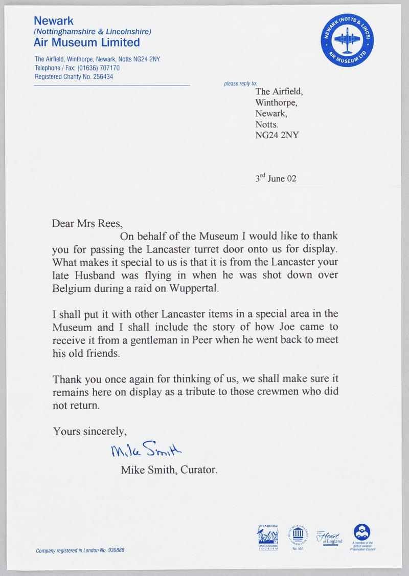 Thank you Letter from Newark Air Museum.