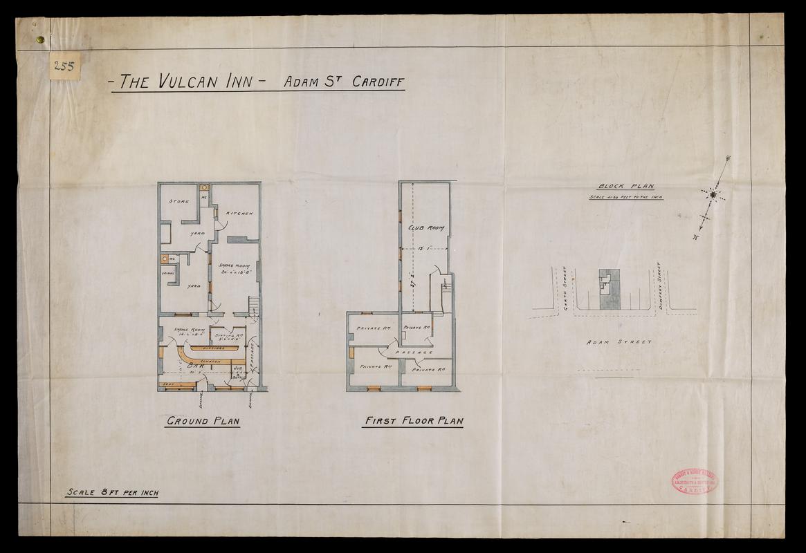 Architectural plan of The Vulcan Hotel labelled 'Vulcan Hotel Adam Street Cardiff. Proposed alterations for Messrs W.W.Nell Ltd'. Submitted as part of Planning Application. Approved November 1914.