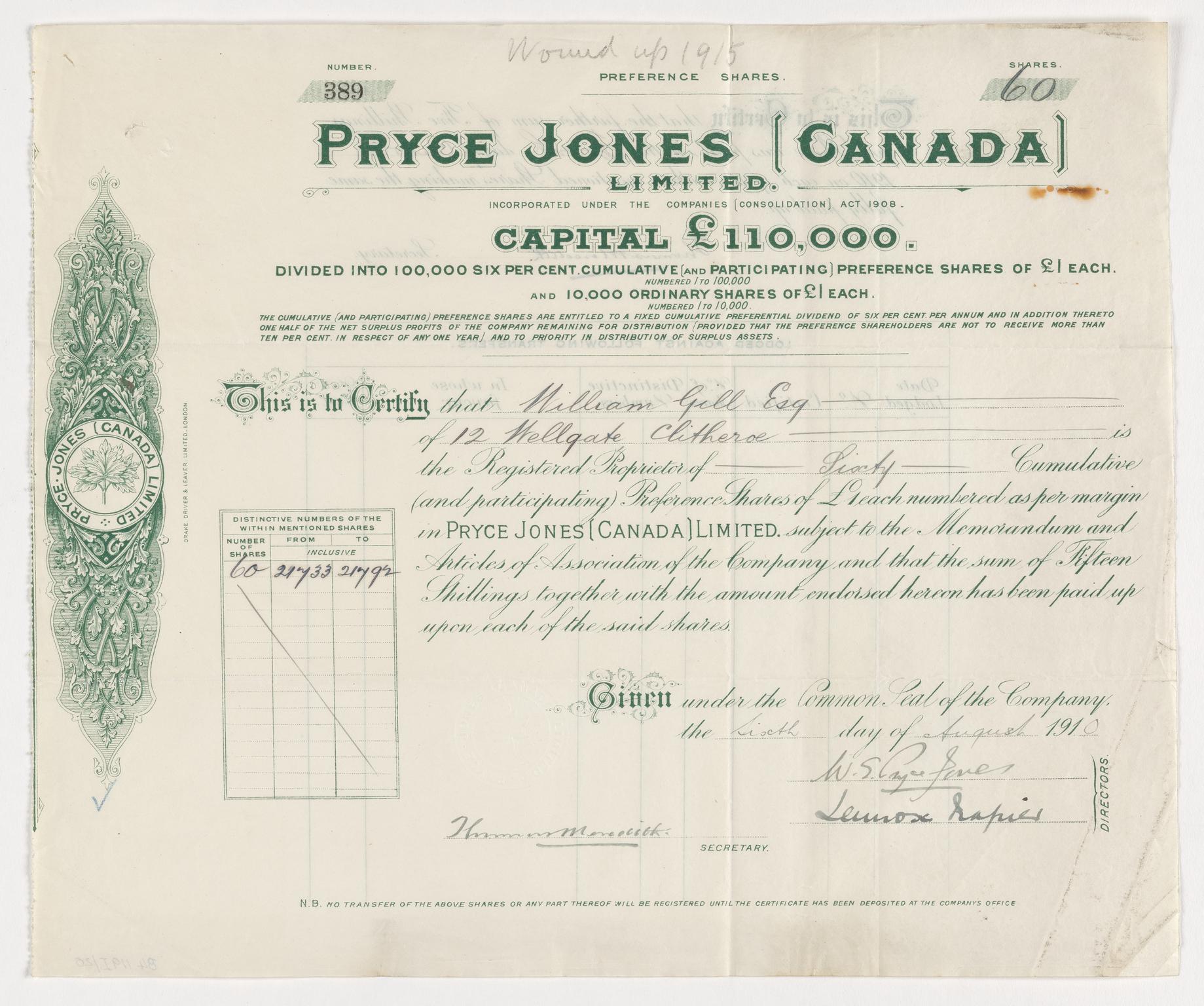 Pryce Jones (Canada) Limited, share certificate