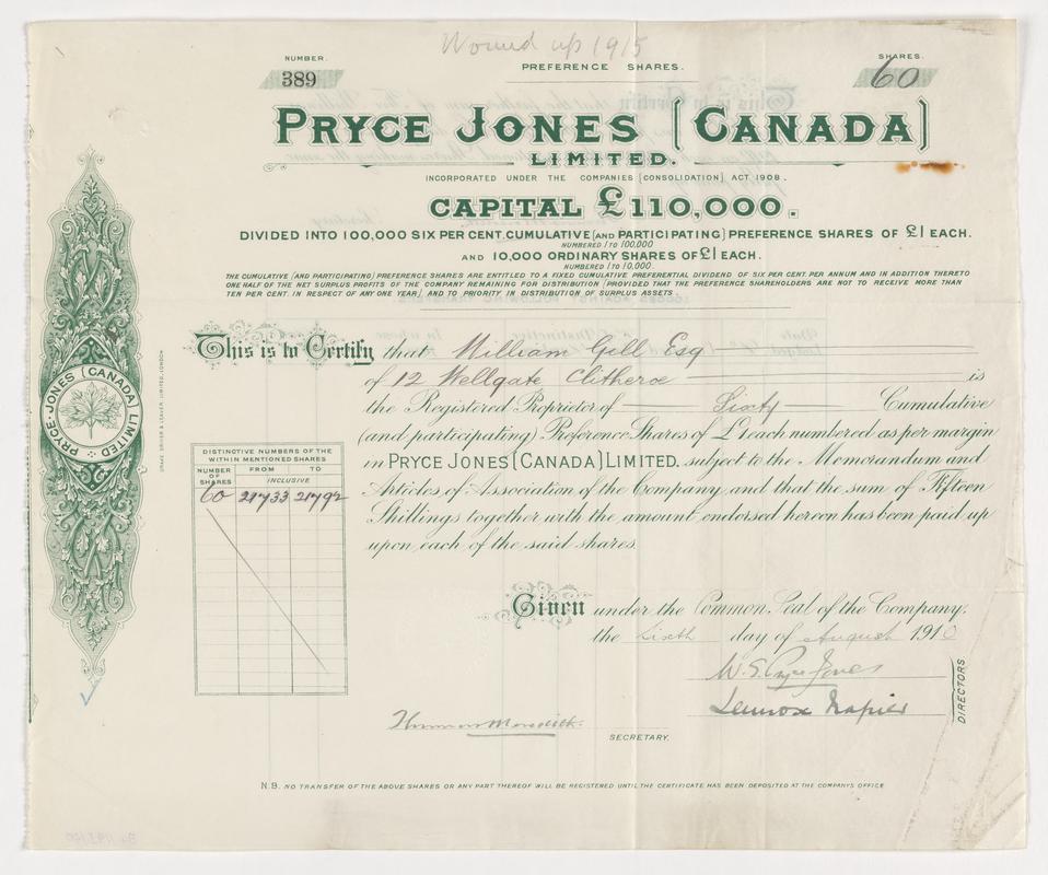 Pryce Jones (Canada) Limited, £1 6% cumulative (and participating) preference shares, 1910