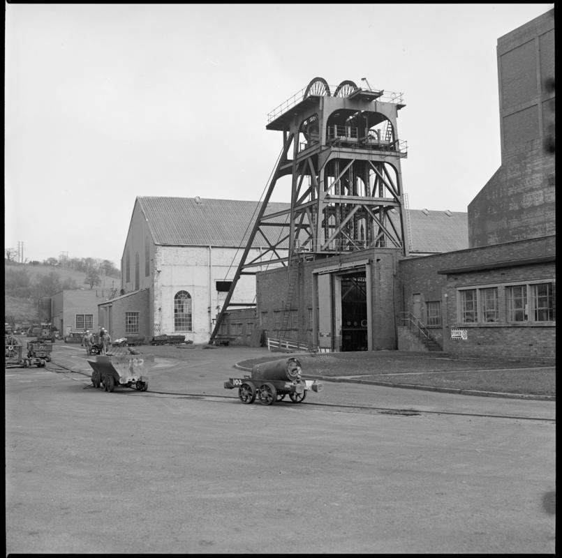 Black and white film negative showing Cwm Colliery downcast headframe 3 April 1981.  'Cwm 3 April 1981' is transcribed from original negative bag.