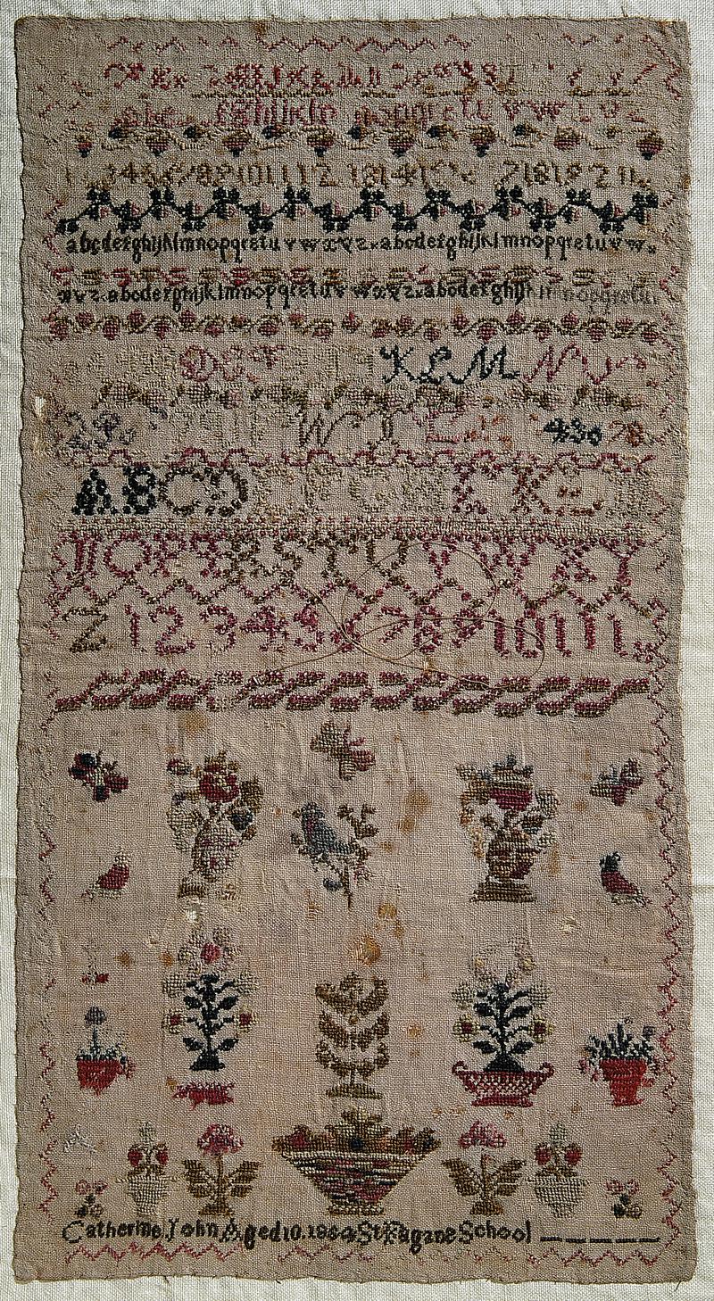 Sampler, (school motifs &, alphabet), made in St Fagans, 1854