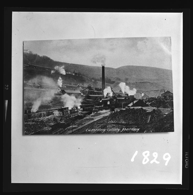 Black and white film negative of a photograph showing a surface view of Cwmtillery Colliery.