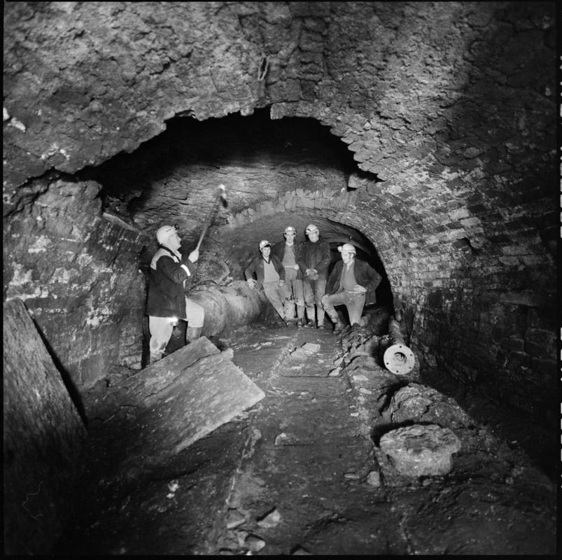 Black and white film negative showing miners underground, Big Pit Colliery.  Appears to be identical to 2009.3/3068.