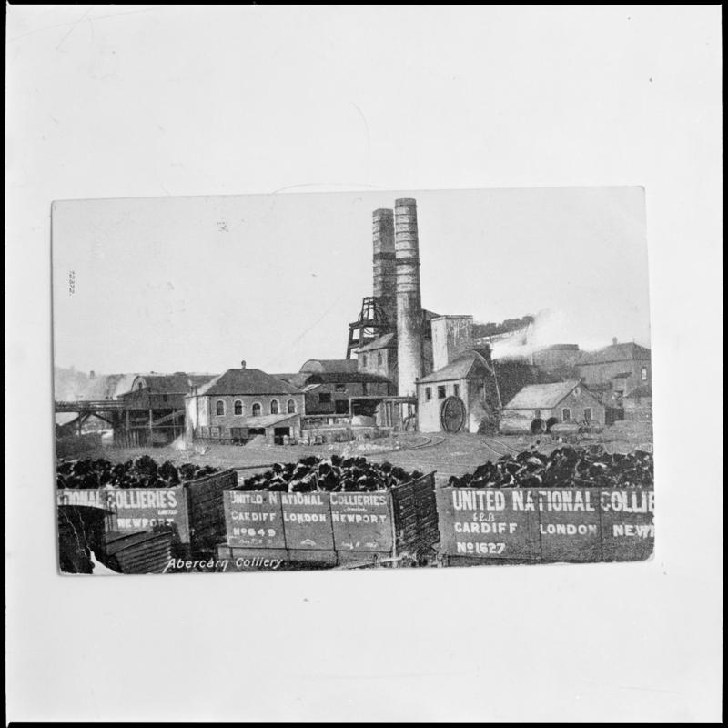 Black and white film negative of a photograph showing a surface view of Prince of Wales Colliery, Abercarn.  'Prince of Wales Abercarn' is transcribed from original negative bag.