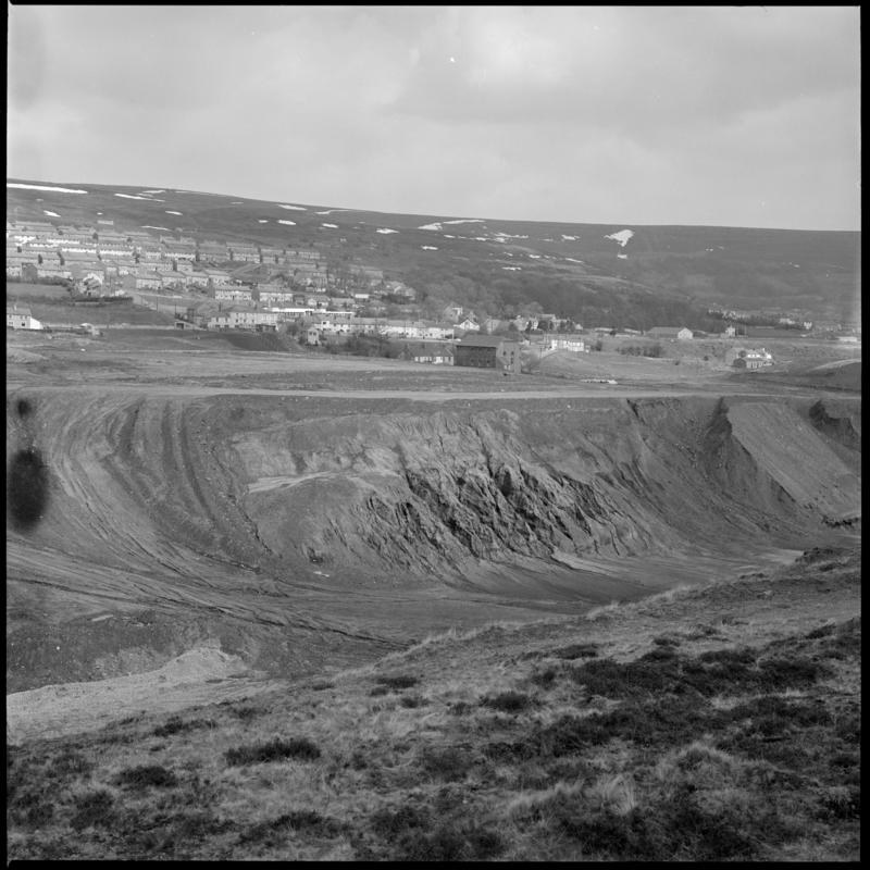 Black and white film negative showing a landscape view, looking towards Blaina, April 1981.  'Blaina April 1981' is transcribed from original negative bag.