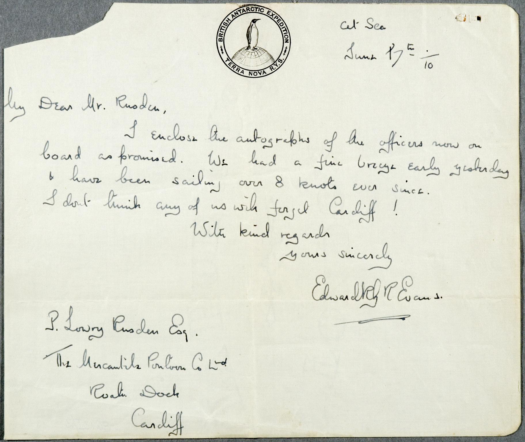 British Antarctic Expedition, 1910, letter