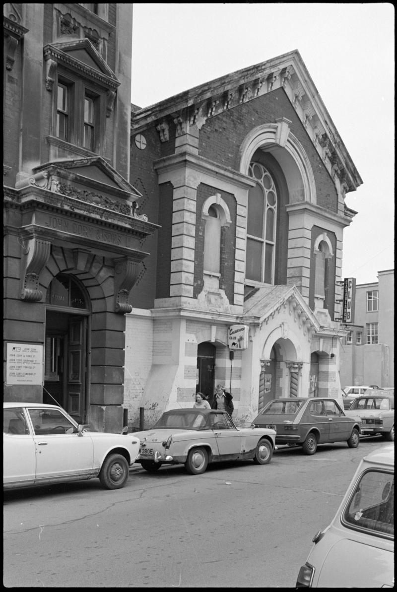 Exterior view of The Casablanca Club, Mountstuart Square. The building was previously Bethel Baptist Chapel. The entrance to John Cory and Sons is seen on left of picture.