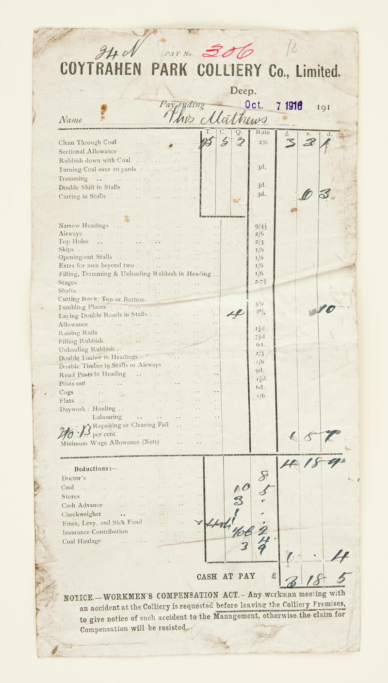 Miner's wage slip, Coytrahen Park Colliery