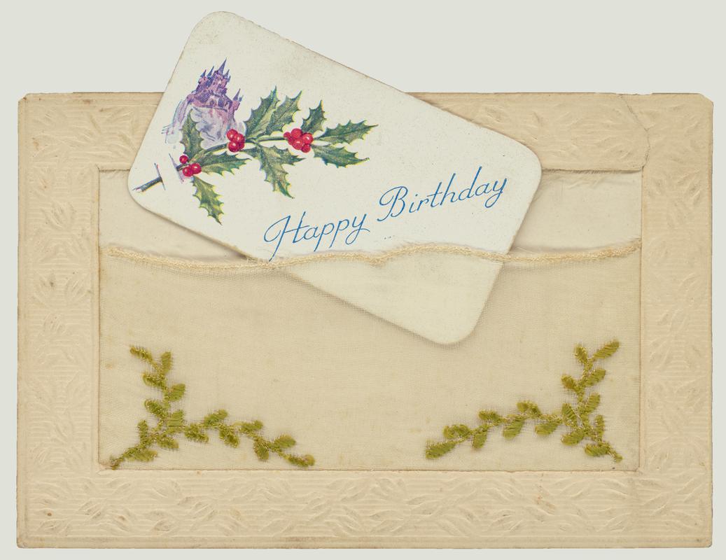 Embroidered birthday postcard. Handwritten message on back: 'To Esther From Fred'.