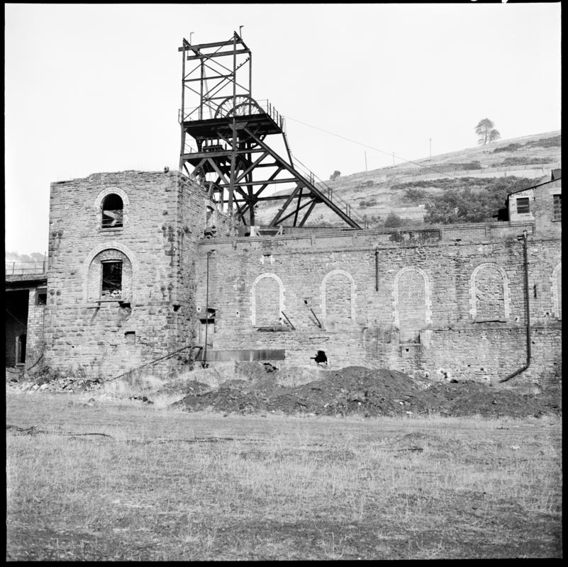 Black and white film negative showing the remains of the Cornish engine house on the No. 1 shaft at Llanhilleth, 1972.  The engine house held the large Cornish pump made by Harvey of Hayle.'Llanhilleth 1972' is transcribed from original negative bag.