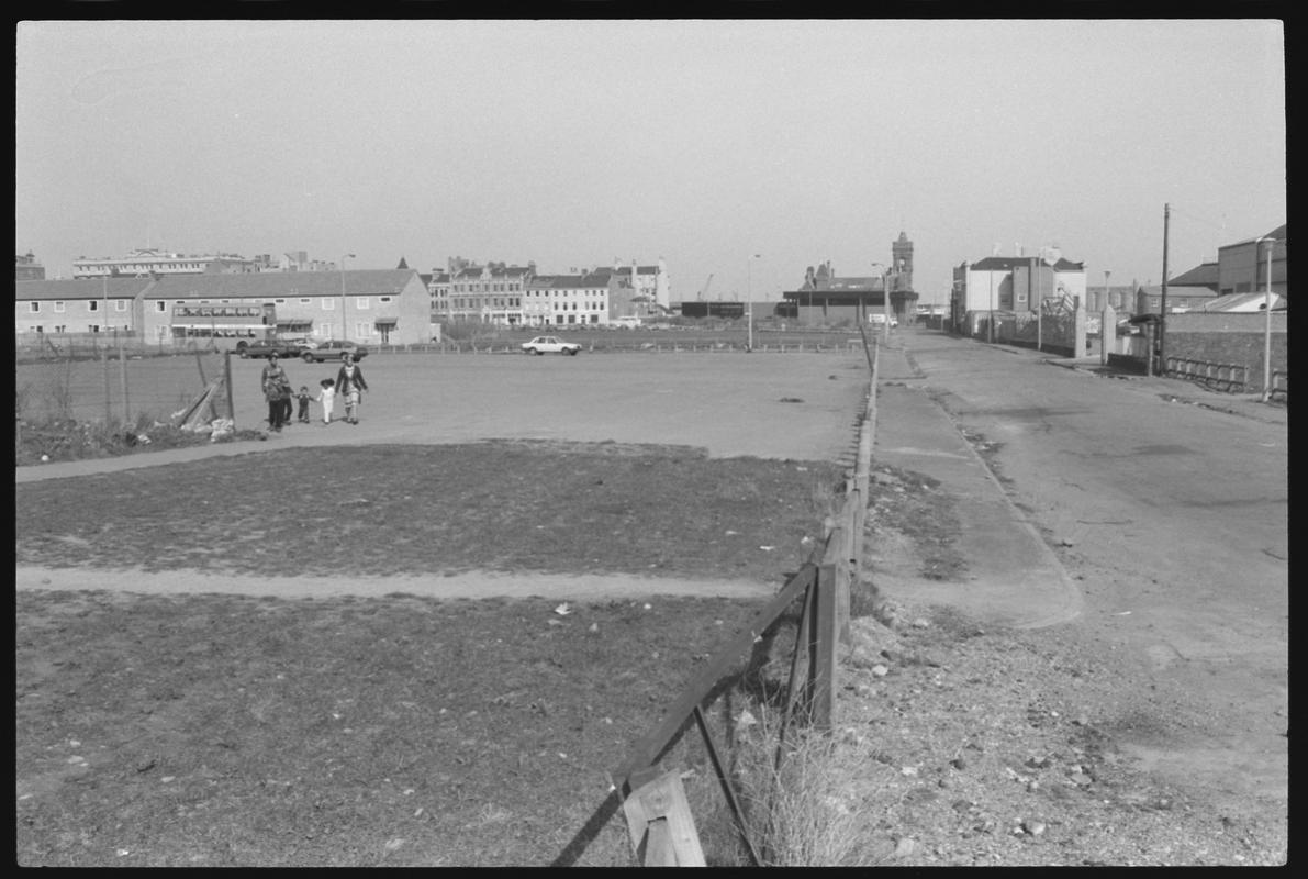 East view along Stuart Street, with the Welsh Industrial and Maritime Museum, and Pier Head building in background. Shows route of proposed new road.