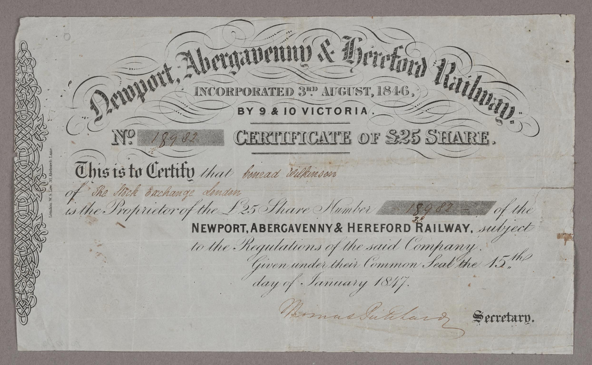 Newport, Abergavenny & Hereford Rly share certificate