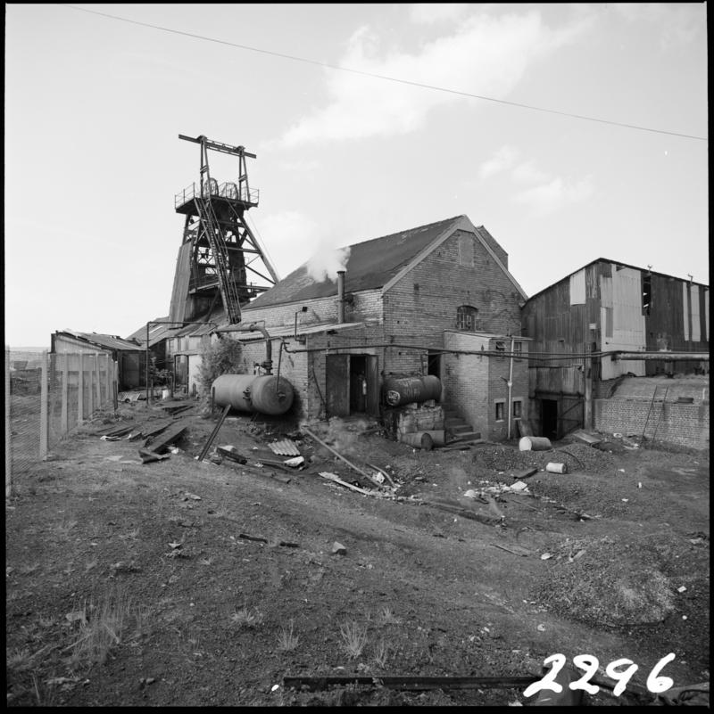 Black and white film negative showing a surface view of Morlais Colliery, 13 May 1981.  'Morlais 13/5/81' is transcribed from original negative bag.