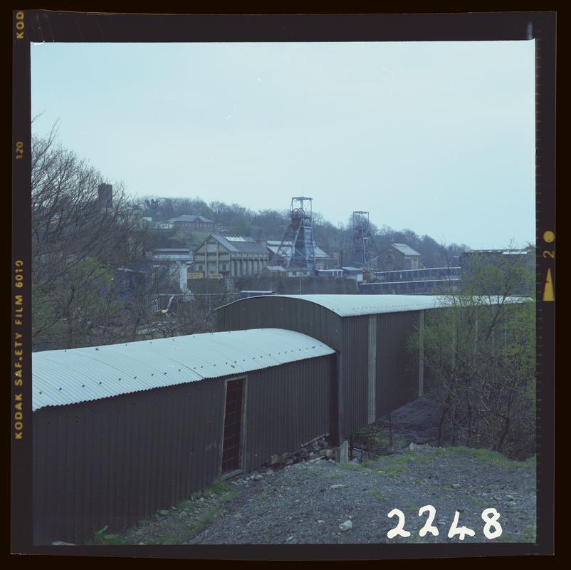 Colour film negative showing a surface view of Oakdale Colliery, 16 April 1981.  'Oakdale 16/4/81' is transcribed from original negative bag.  Appears to be identical to 2009.3/1749.