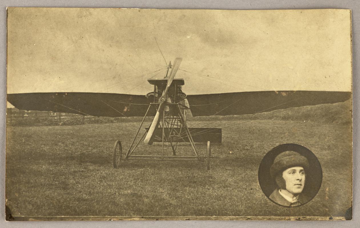 Photograph of Watkins monoplane with an inset circular portrait of C.H. Watkins in bottom right hand corner. Front
