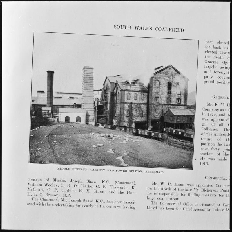 Black and white film negative showing Middle Duffryn power station and washery, photographed from a publication.  'Middle Duffryn power house, Aberdare' is transcribed from original negative bag.