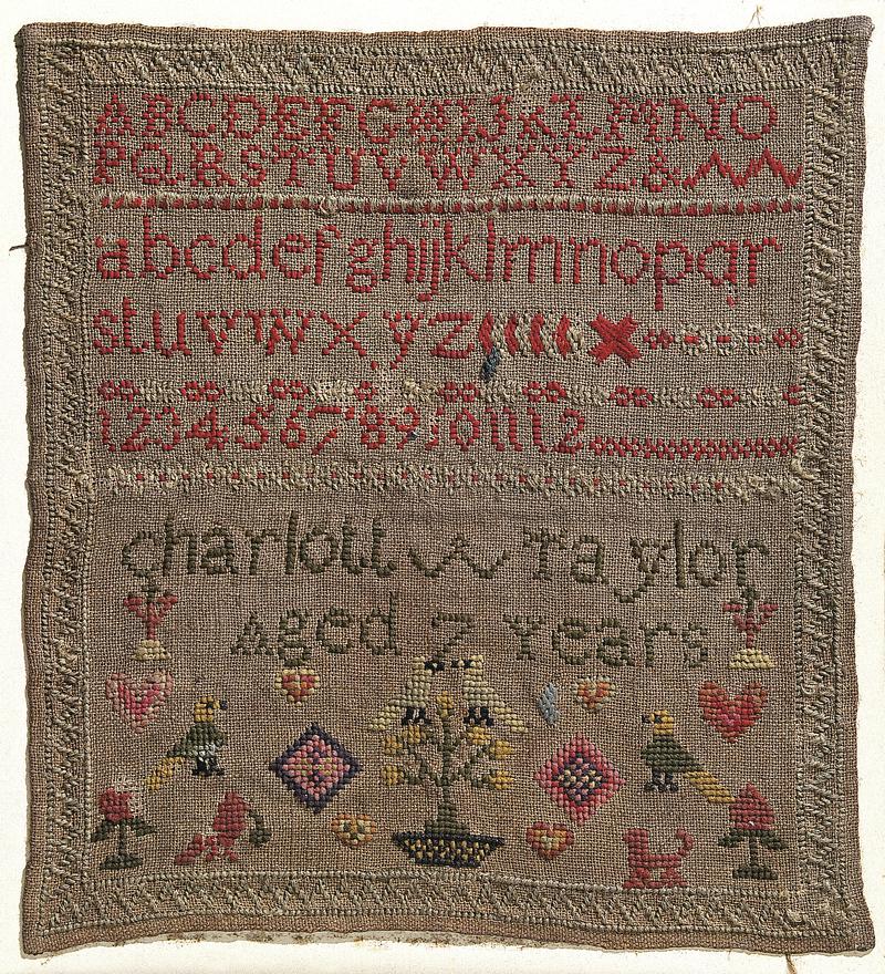 Sampler (alphabet & motifs), made in England, c. 1855