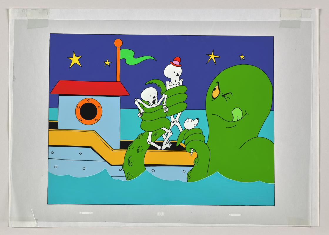 Funny Bones publicity/marketing artwork representing episode 'Skeleton Crew', showing characters Big, Little, Dog and an octopus.