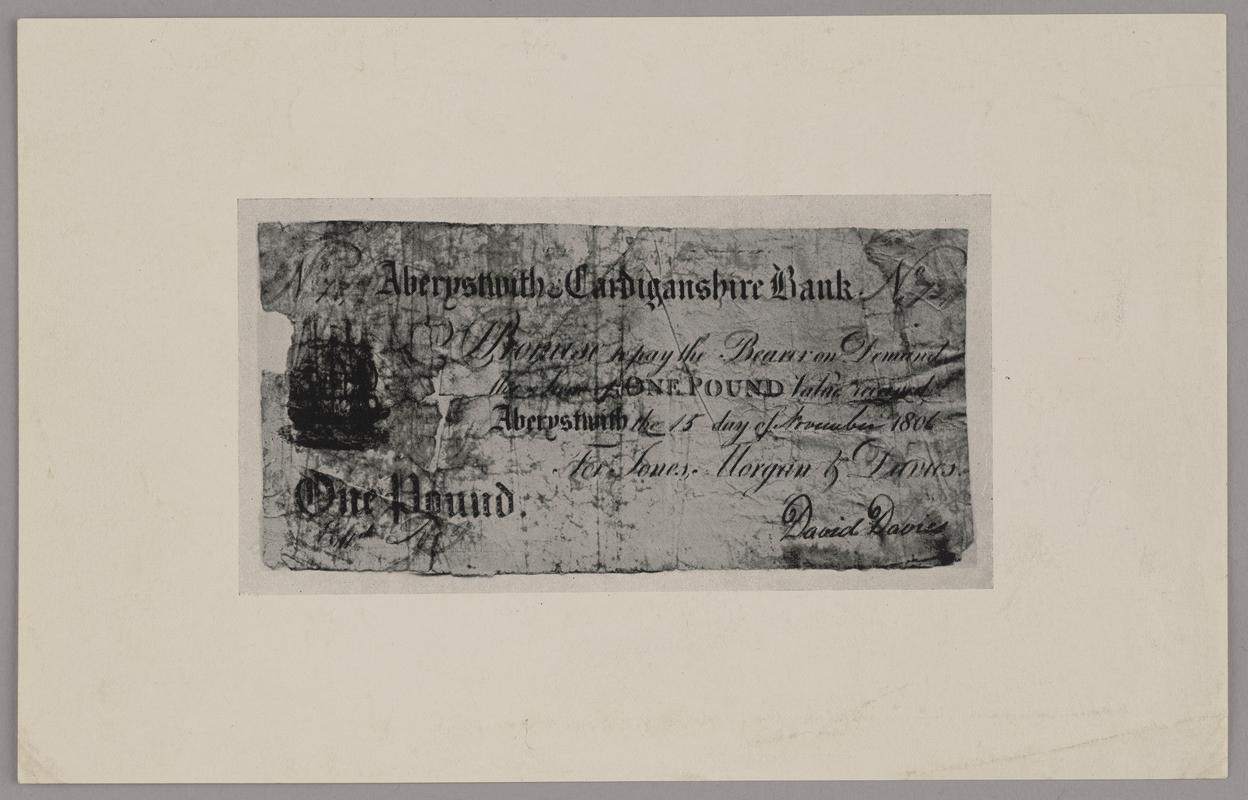 Print of Aberystwith & Cardiganshire Bank one pound bank note, 1806