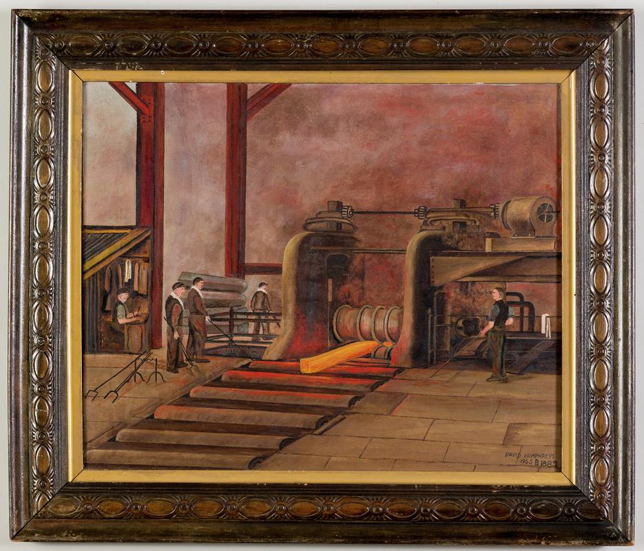 "Bar Mill" depicts the roughing stand of the steelworks bar mill at Pontardawe Steel, Tinplate & Sheet Works.