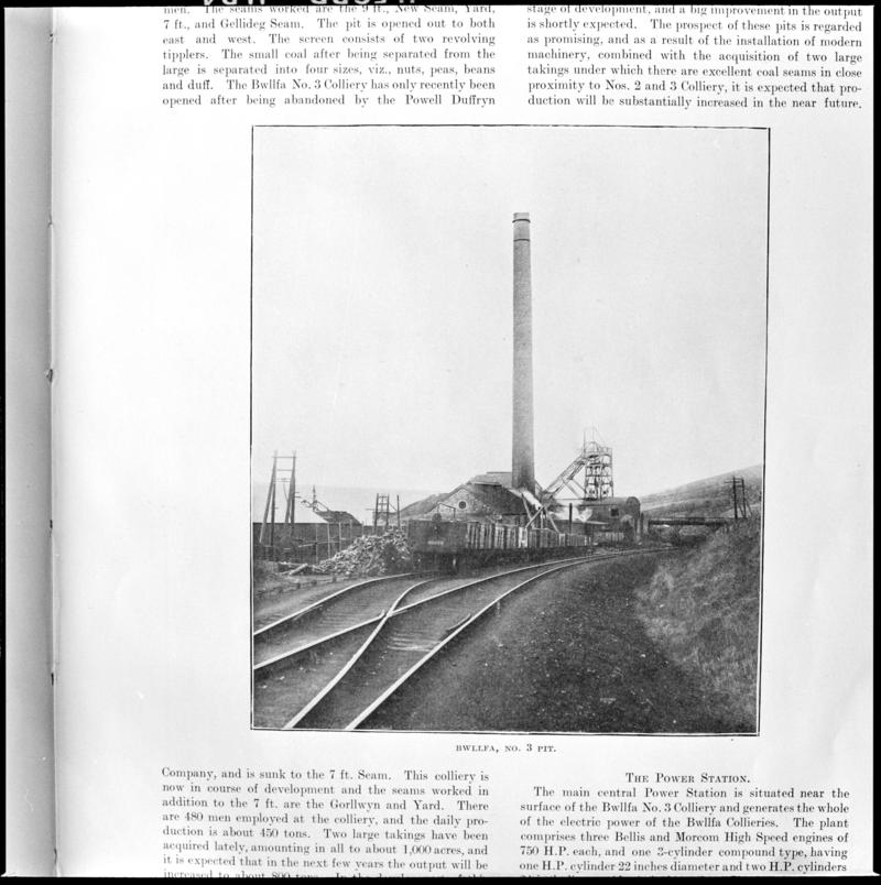 Black and white film negative showing a view of Bwllfa Colliery, No.3 Pit, photographed from a publication.  'Bwllfa No. 3 Pit' is transcribed from original negative bag.
