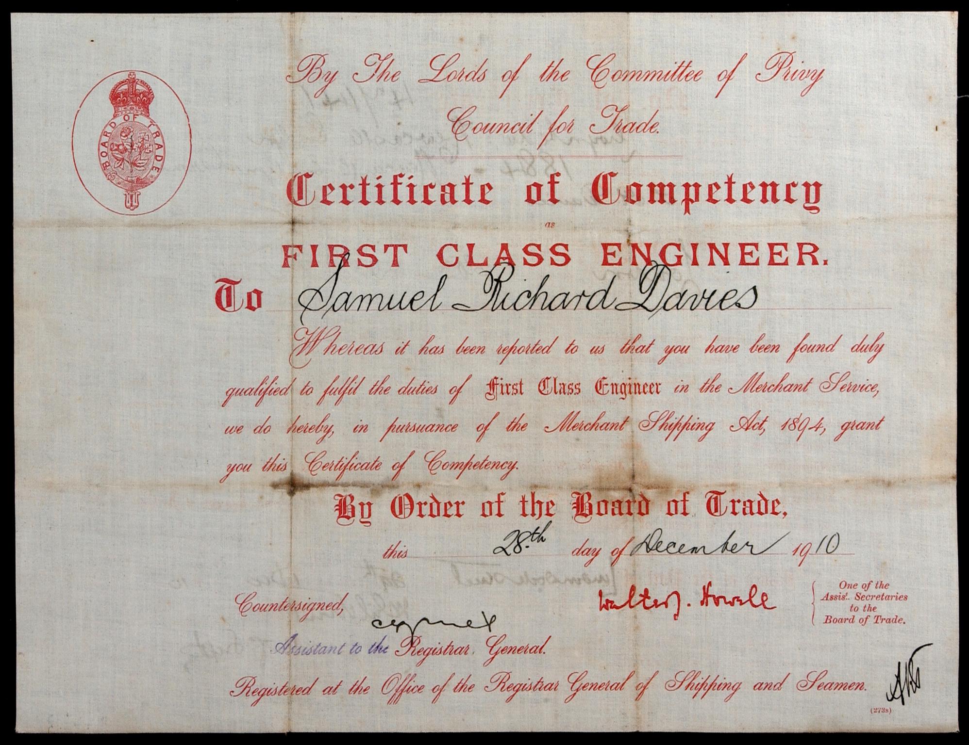 Certificate of competency as 1st class engineer