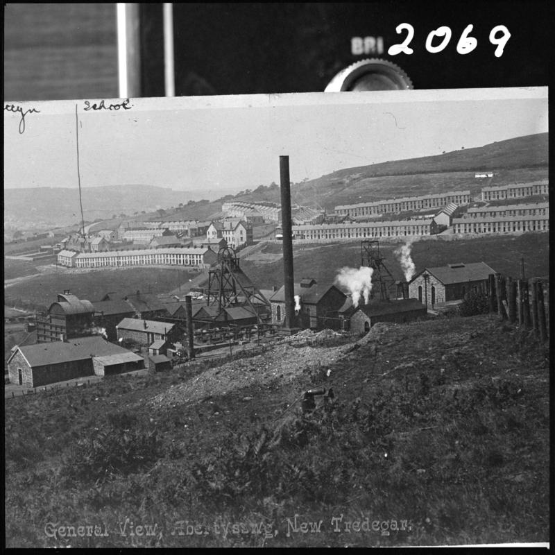 Black and white film negative of a photograph showing a general view of McLaren Colliery, Abertysswg.  'McLaren' is transcribed from original negative bag.