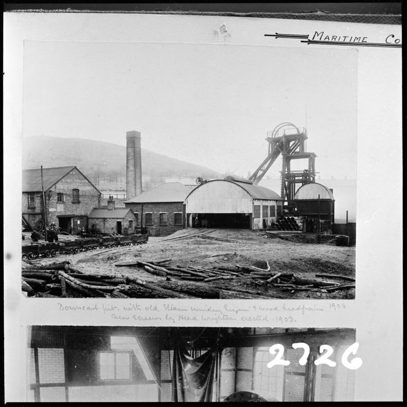 Black and white film negative of a photograph showing the downcast pit, Maritime Colliery c.1900.  'Maritime Downcast' is transcribed from original negative bag.