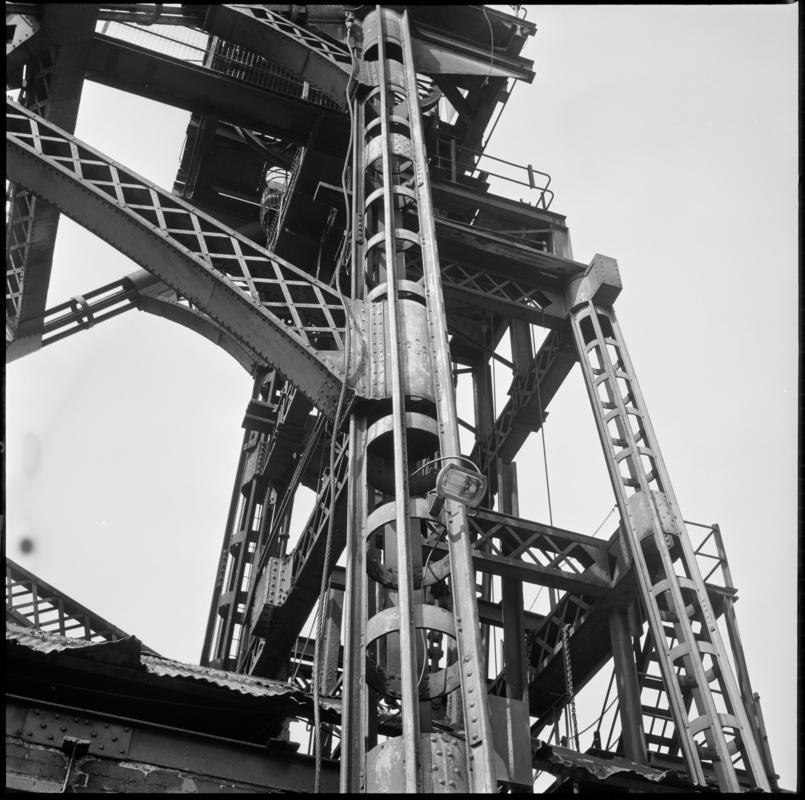 Black and white film negative showing a section of the headgear, Deep Duffryn Colliery 19 May 1977.  'Deep Duffryn 19 May 1977' is transcribed from original negative bag.