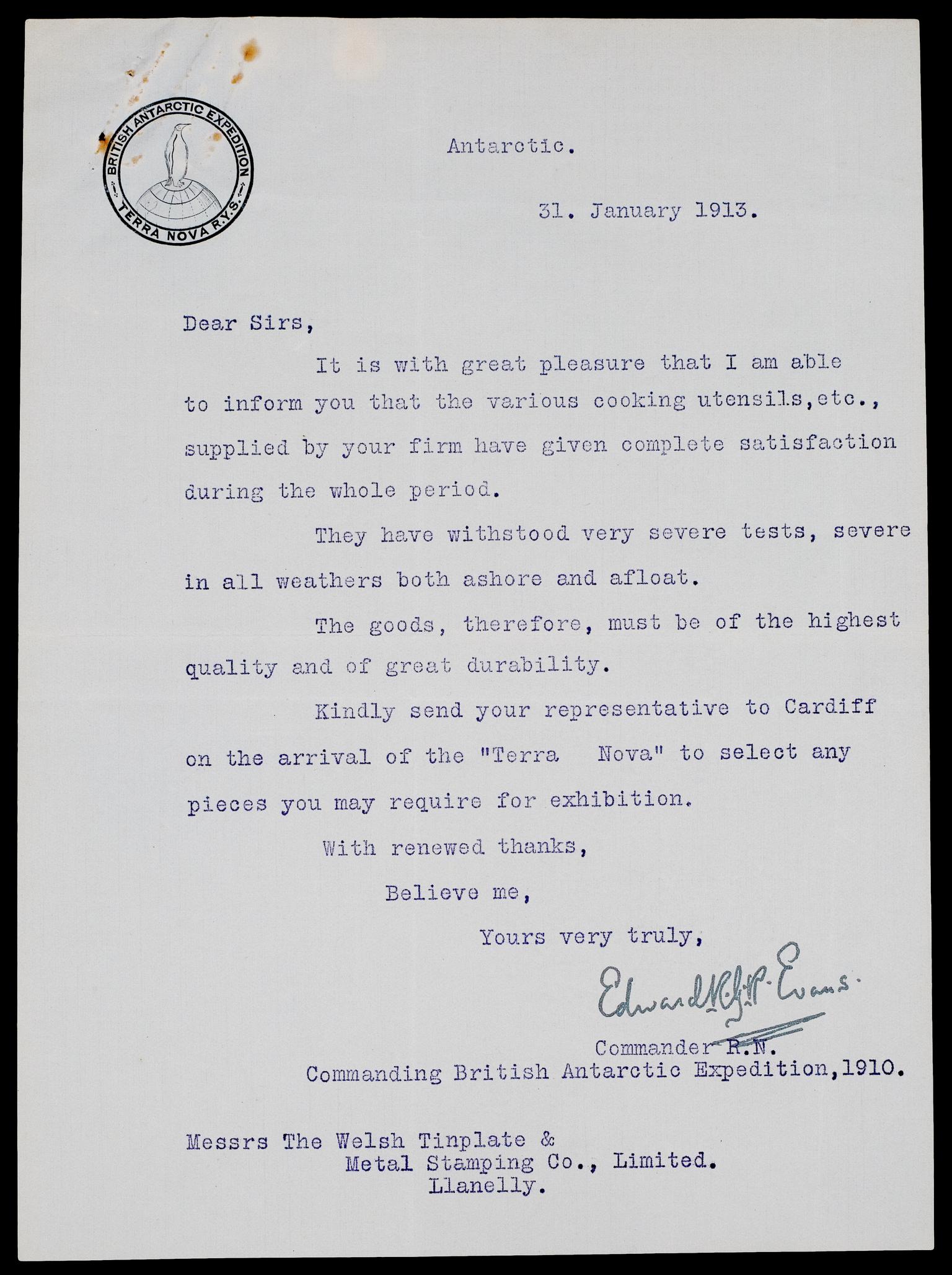British Antarctic Expedition, 1913, letter