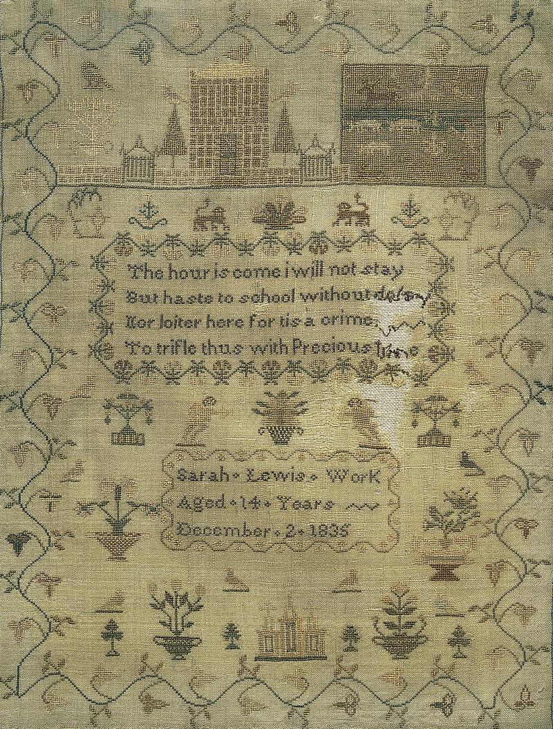 Sampler (verse, motifs & pictorial), made in Mynydd Islwyn, 1835