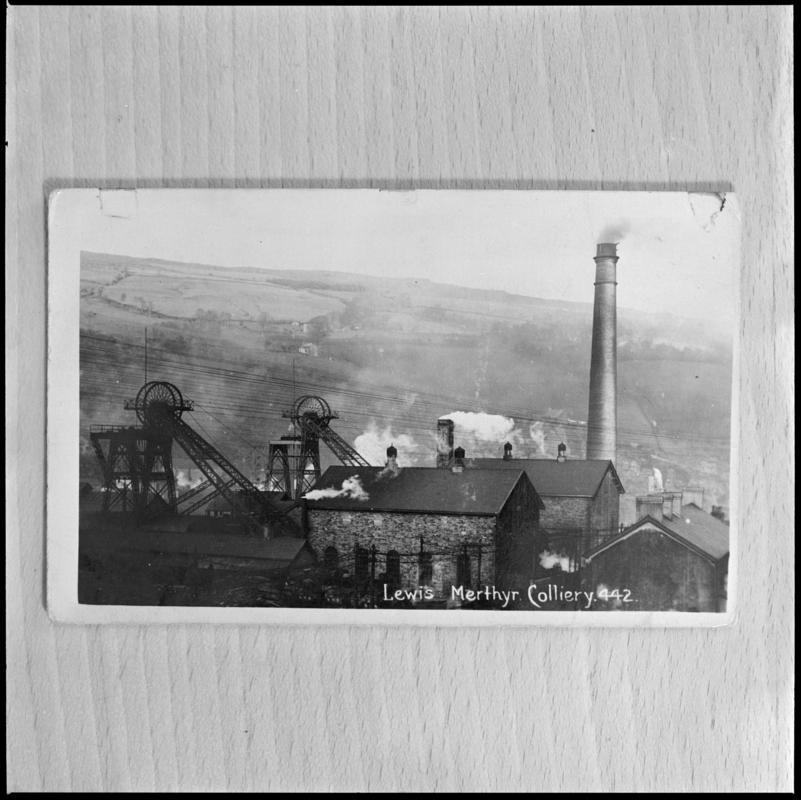 Black and white film negative of a photograph showing a surface view of Lewis Merthyr Colliery. 'Lewis Merthyr' is transcribed from original negative bag.