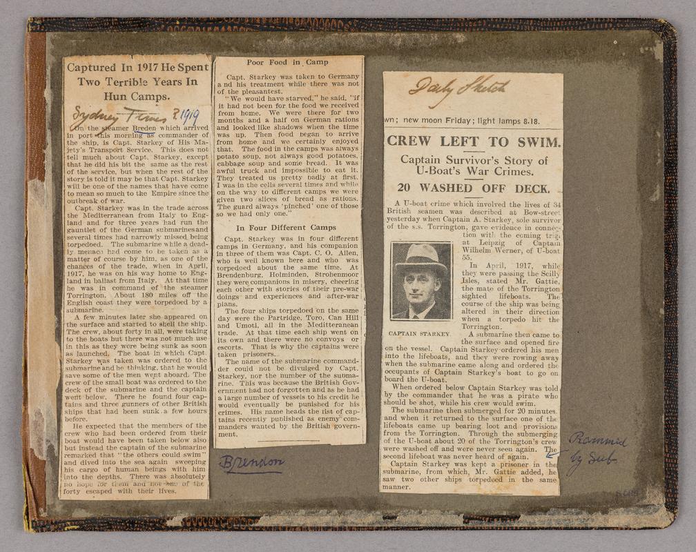 Two newspaper cuttings relating to the sinking of the S.S. Torrington', and the capture and internment of Capt. A. Starkey of the S.S. 'Torrington' during the First World War.