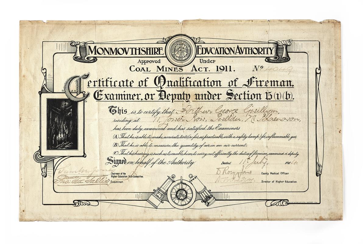 Monmouthshire Education Authority Fireman's Certificate, 1914.
