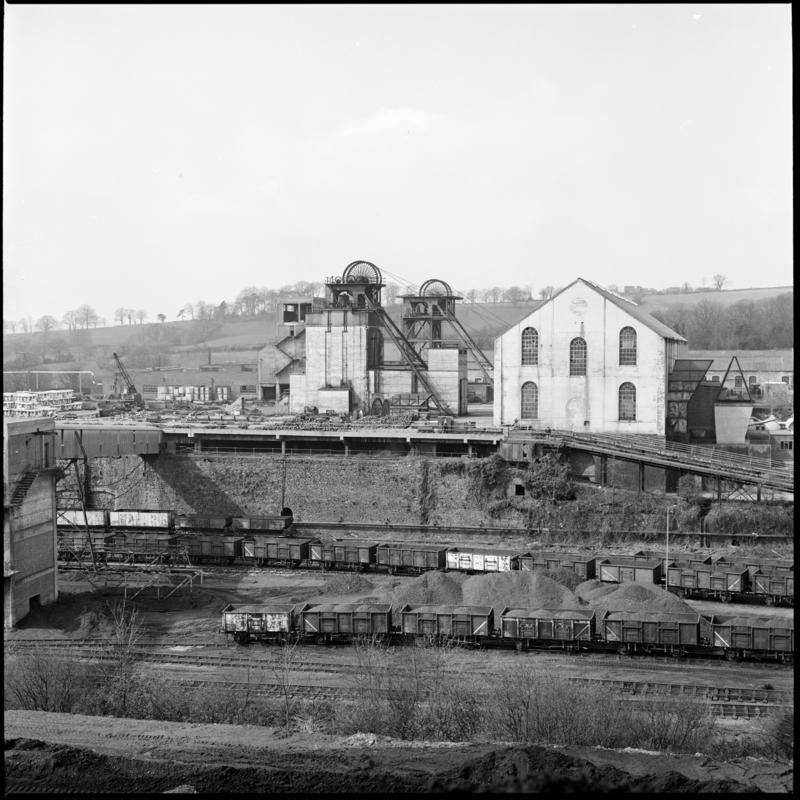 Black and white film negative showing a surface view of Cwm Colliery, 1978. 'Cwm' is transcribed from original negative bag.