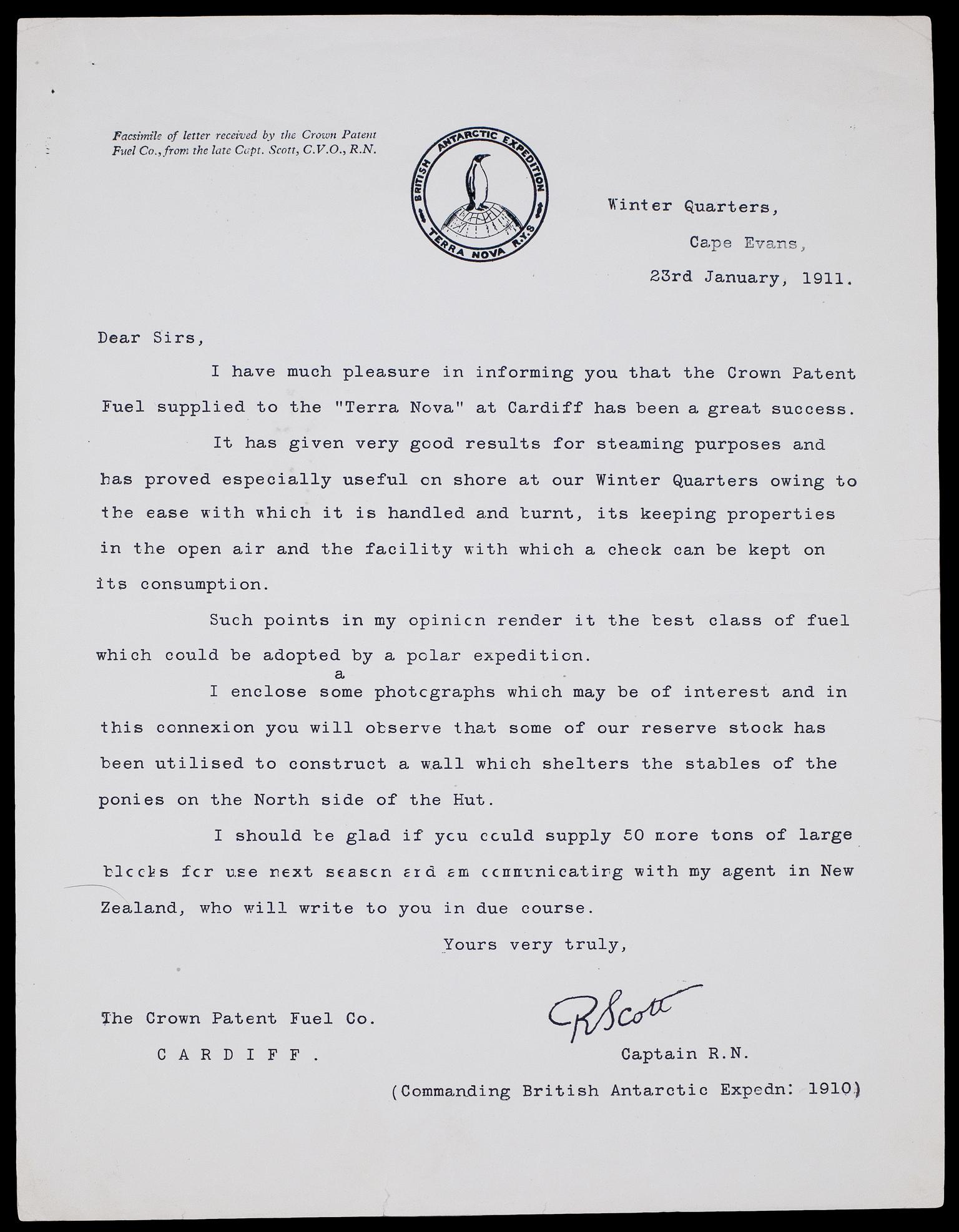 British Antarctic Expedition, 1911, letter