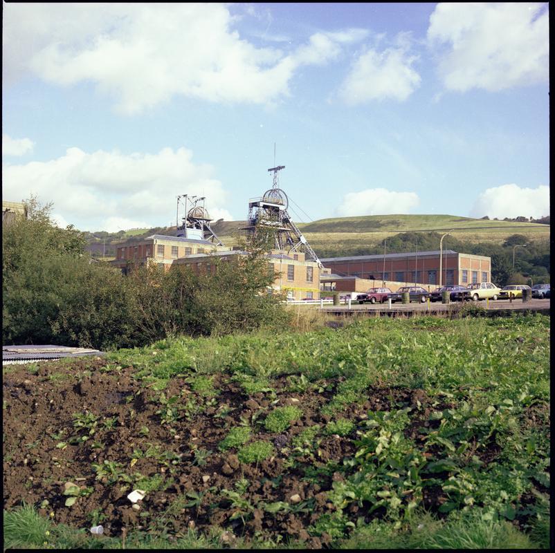 Colour film negative showing the upcast and downcast shafts, Nantgarw Colliery.  'Nantgarw' is transcribed from original negative bag.