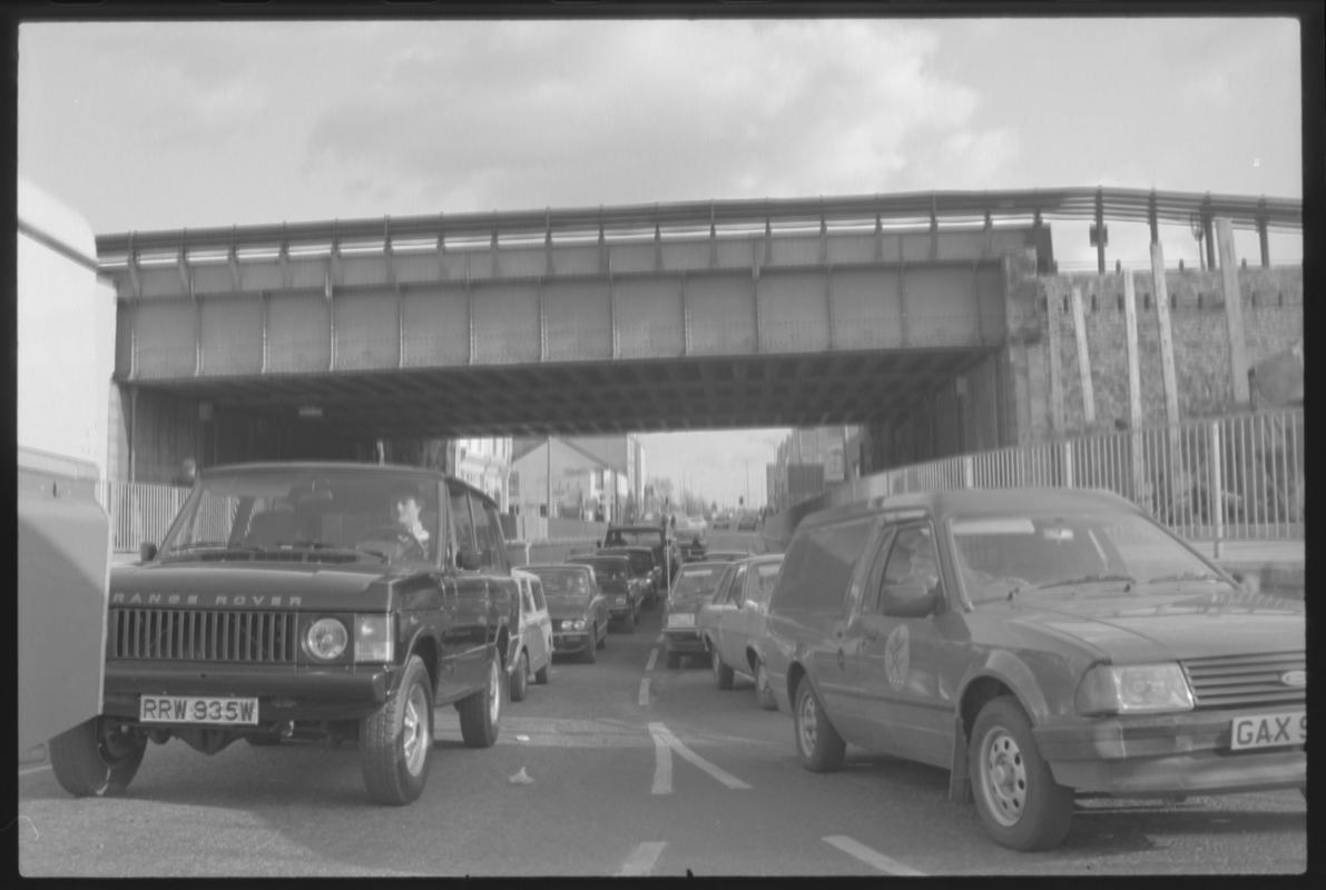 Main line railway bridge crossing top of Bute Street.