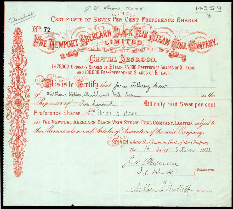 Share Certificate "The Newport Abercarn Black Vein Steam Coal Company Limited"