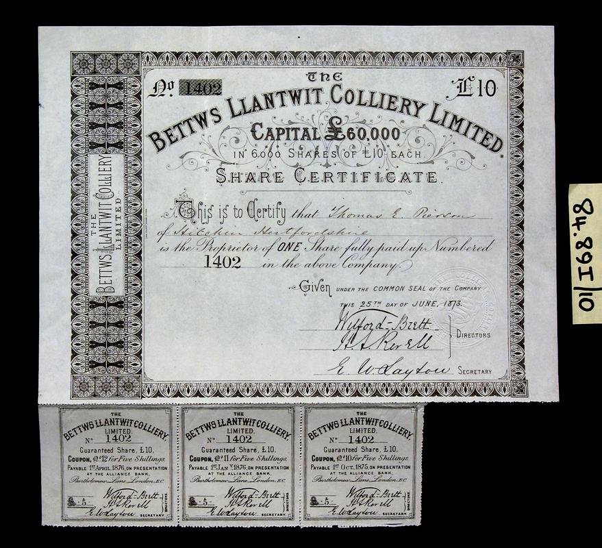 Bettws Llantwit Colliery Limited share certificate